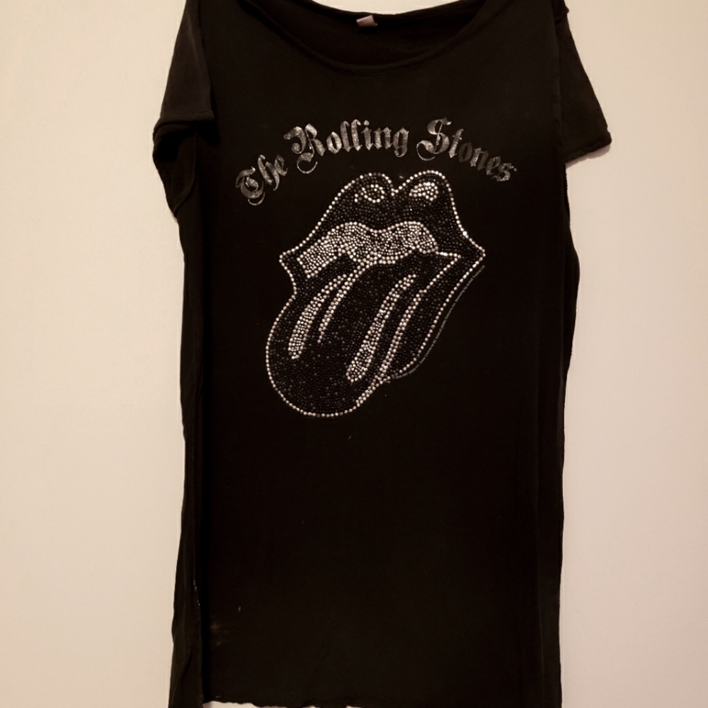 Rolling Stones Black T-shirt Silver Embellishments Vintage 100%Viscose L